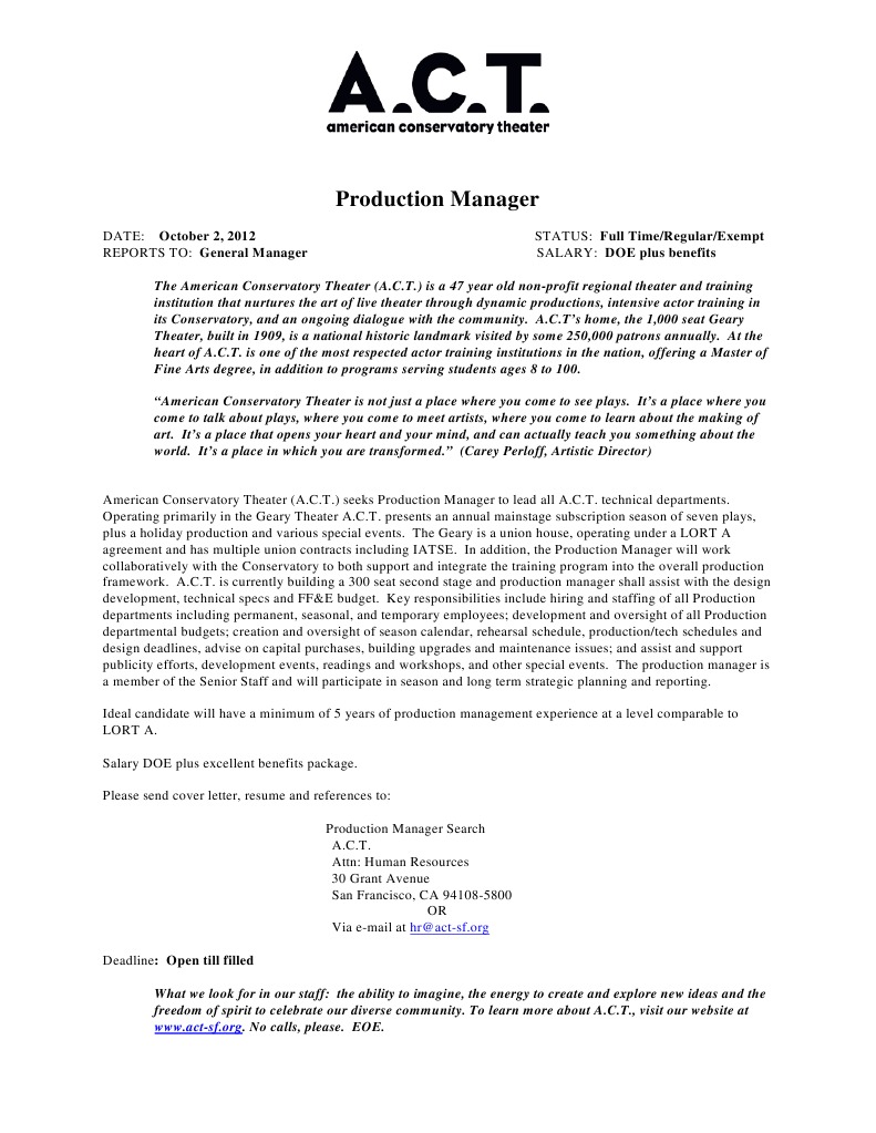 10 02 2012 Production Manager ACT | PDF | Theatre | Salary