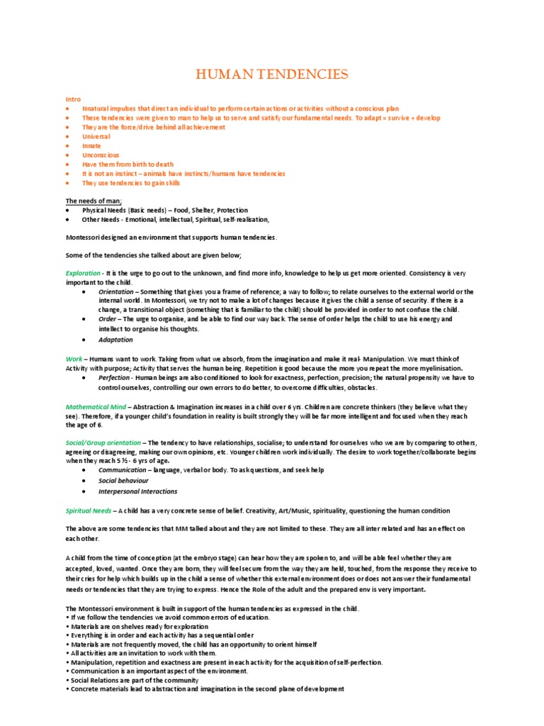Human Tendencies PDF Montessori Education Instinct