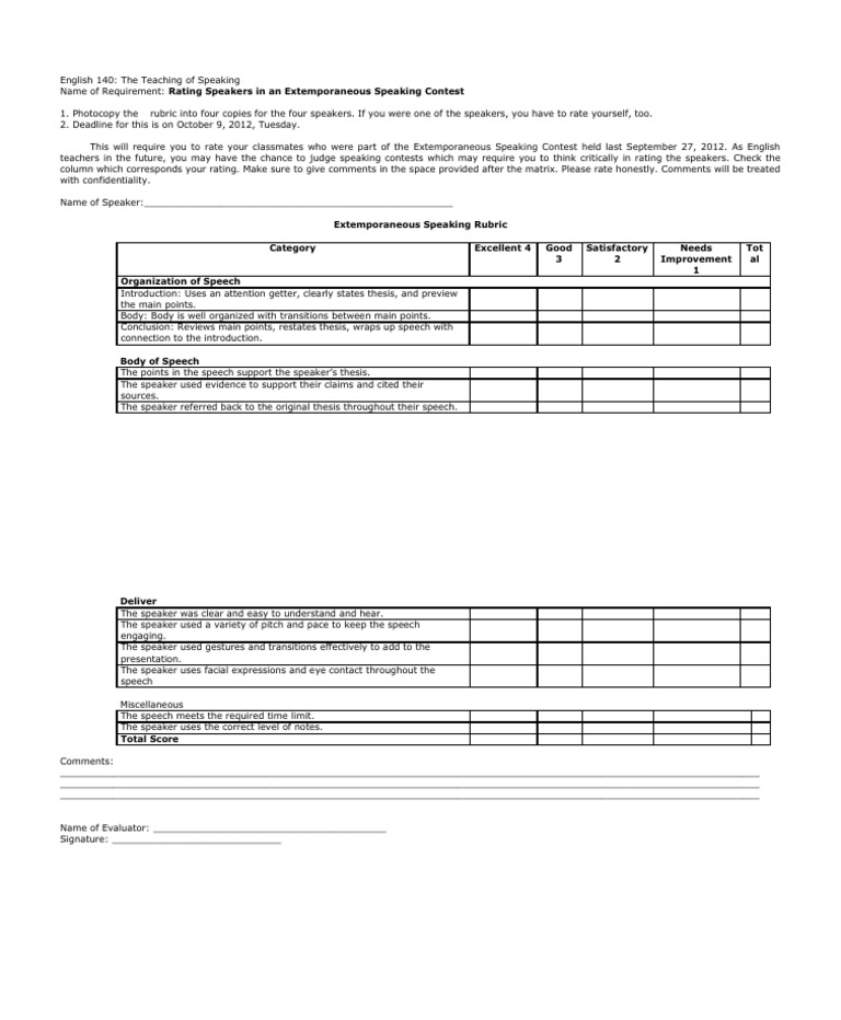 Extemporaneous Speaking Rubric