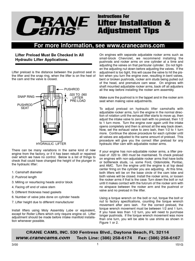 Crane Cams Hydraulic Lifter Adjustment Pdf Vehicle Technology