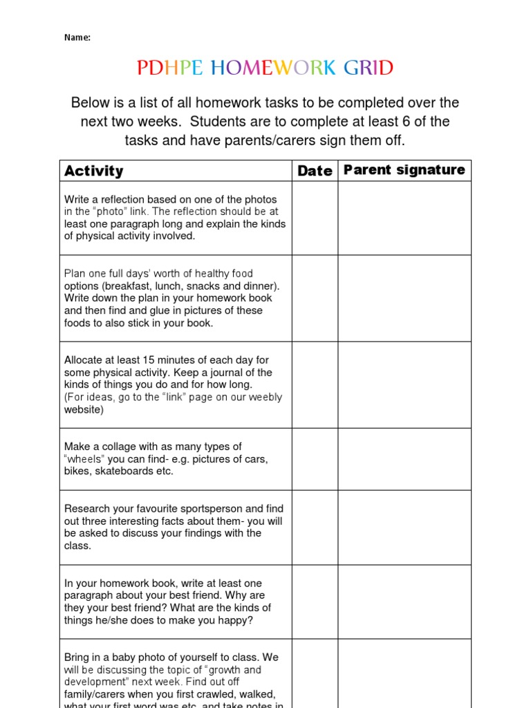PDHPE Homework Grid | PDF | Career & Growth | Self-Improvement