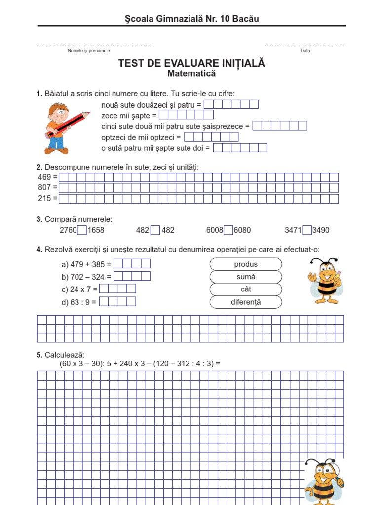 Test ini?ial la matematic?, clasa a IV-a