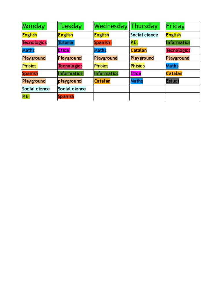 Weekly Class Schedule Overview | PDF | Games & Activities | Foreign ...
