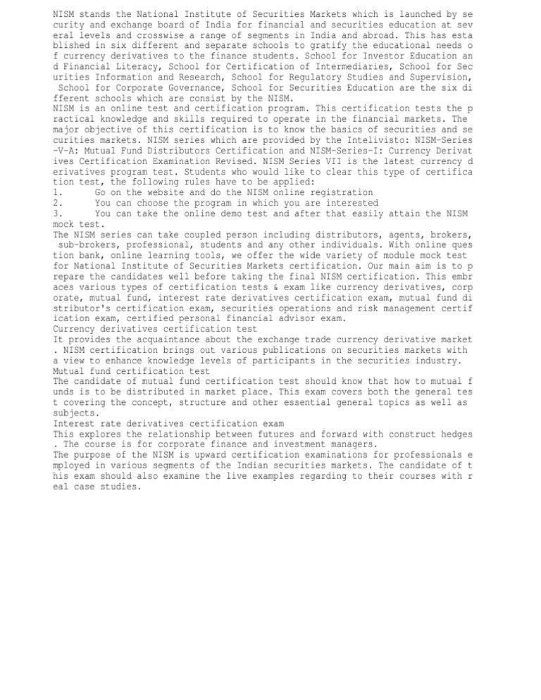 NISM Certification Programs Overview | PDF | Professional Certification ...