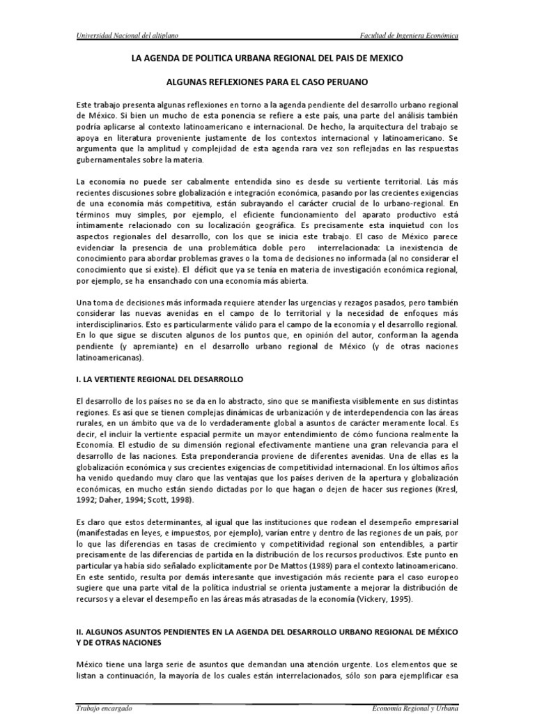 La Agenda de Politica Urbana Regional Del Pais de Mexico