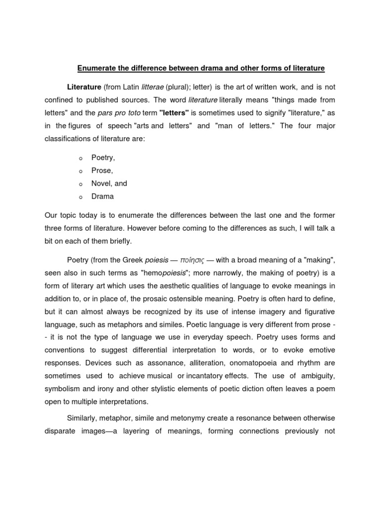 Differences Between Drama and Other Forms of Literature | PDF | Prose ...