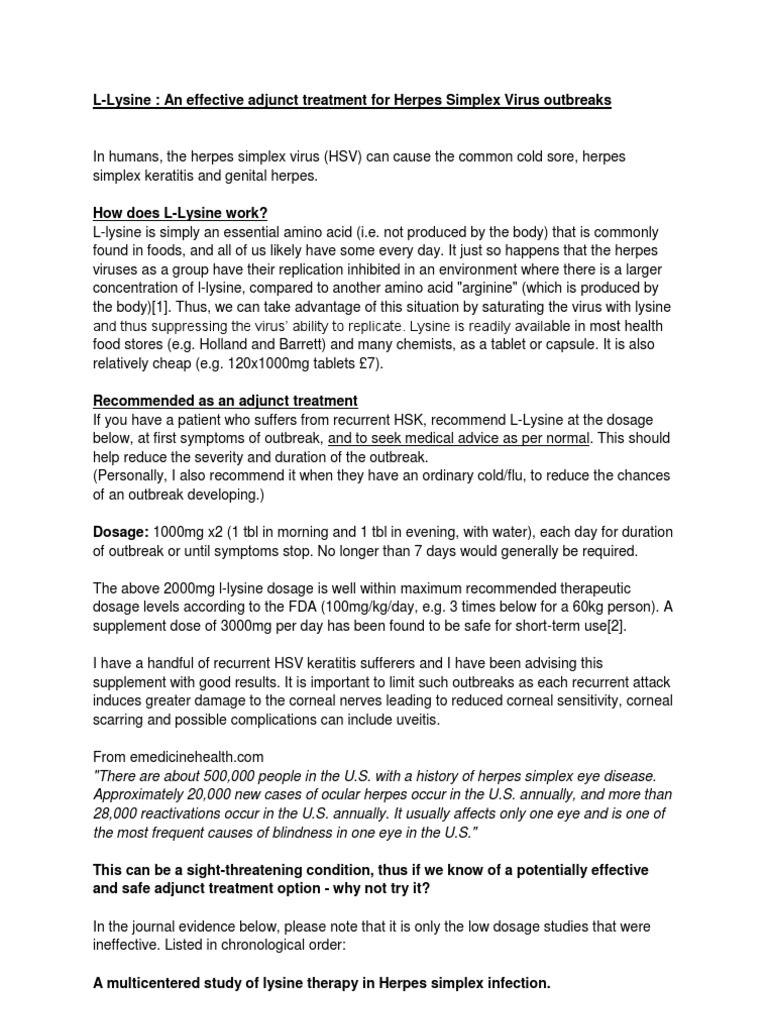 Lysine An Effective Adjunct Treatment For Herpes Simplex Virus Outbreaks Herpes Simplex Lysine