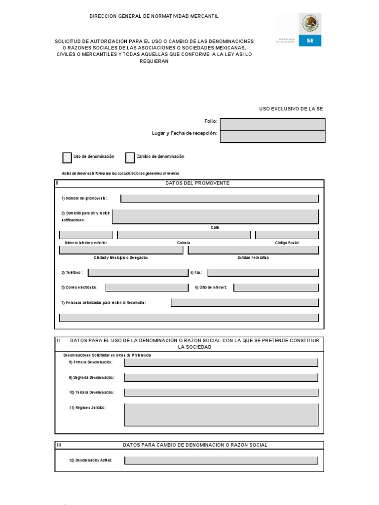 Formatos Se 21062012 1 Solicitud Para La Denominacion Social Privacidad De La Informacion Mexico