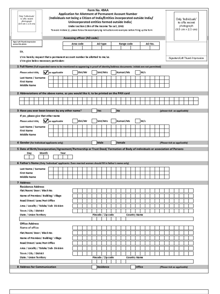 NEW PAN CARD Form 49AA - Foreign Citizen | PDF