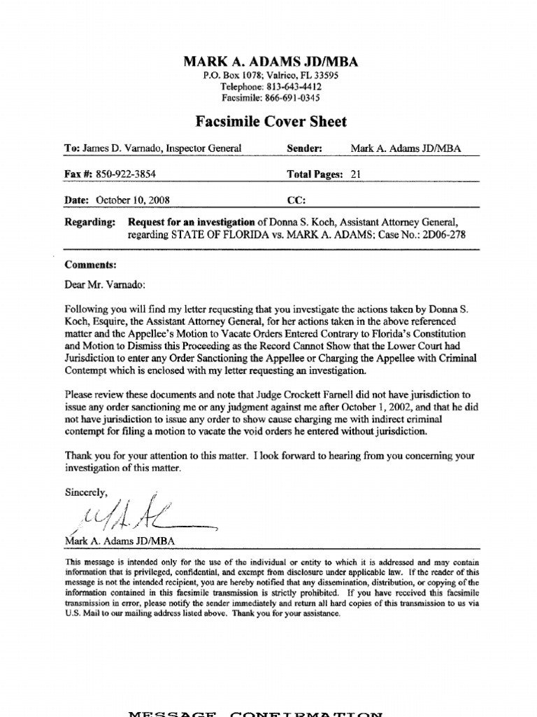 Letter To The Inspector General For The Florida Attorney General's