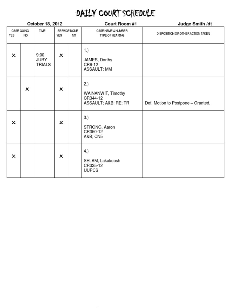 Daily Court Schedule: October 18, 2012 Court Room #1 Judge Smith /DT | PDF