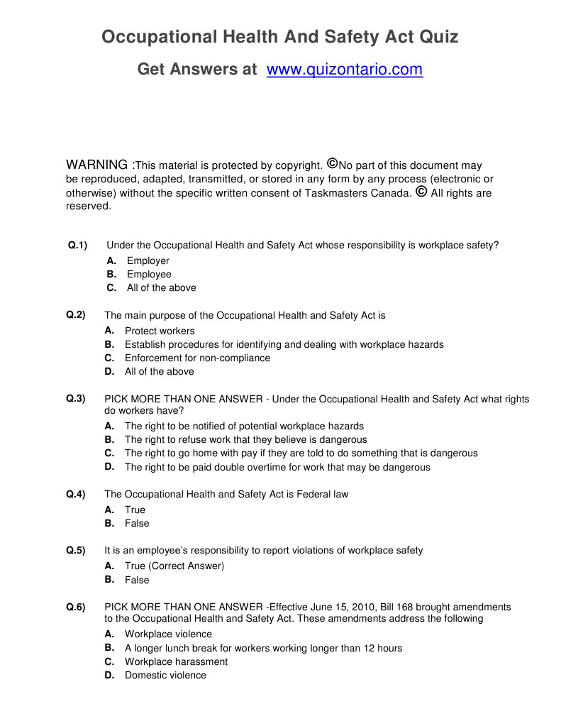 Occupational Health and Safety Act Quiz Ontario PDF Occupational Safety And Health Harassment