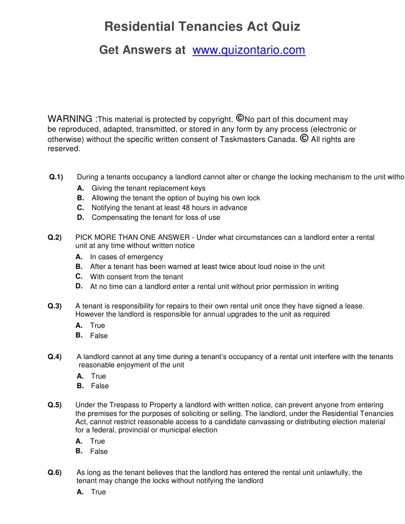 Ontario Residential Tenancies Act Quiz | PDF | Leasehold Estate | Landlord