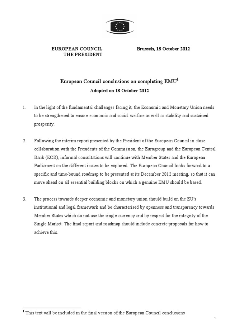 European Council Conclusions On Completing EMU: Europea Coucil The ...