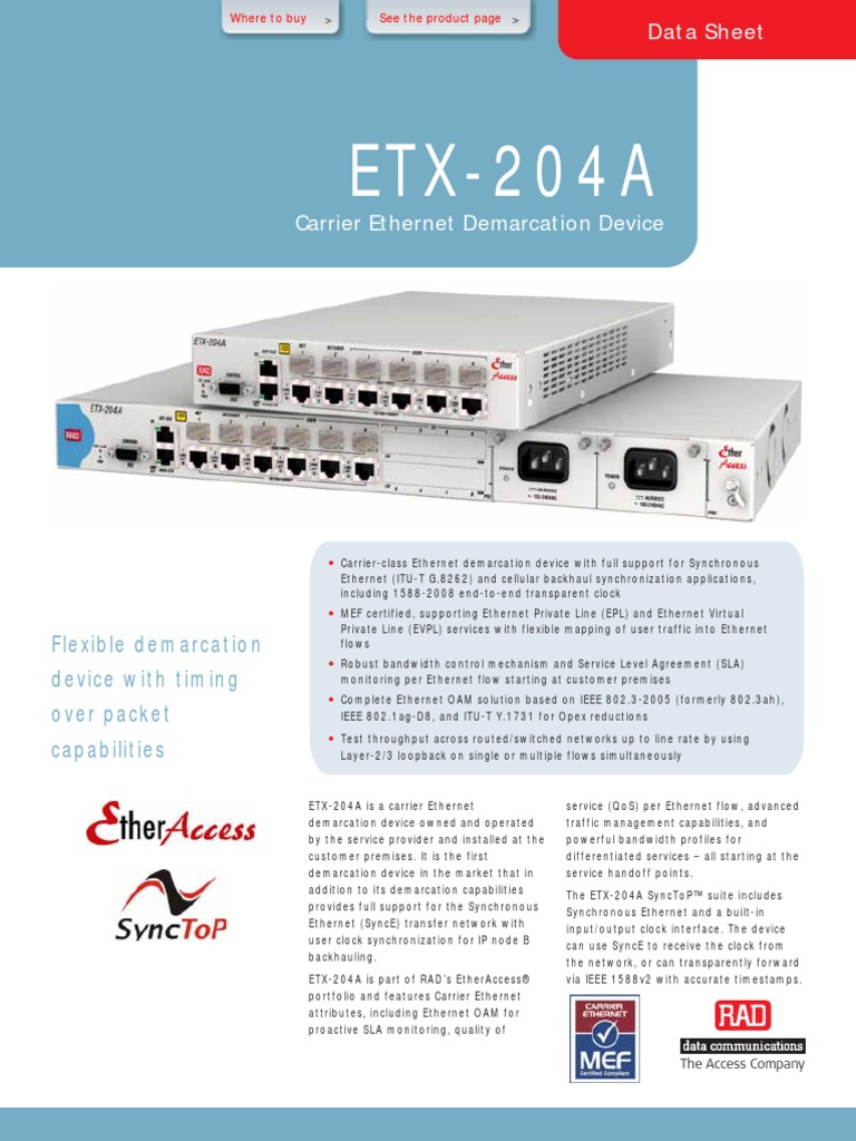 RAD ETX-204A Carrier Ethernet Demarcation Device Data Sheet | PDF