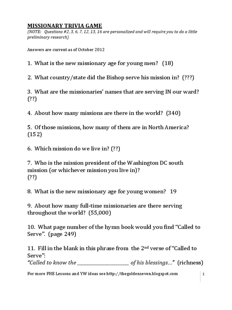 Lds Missionary Trivia Game Missionary Lds Church Latter Day Saint Movement