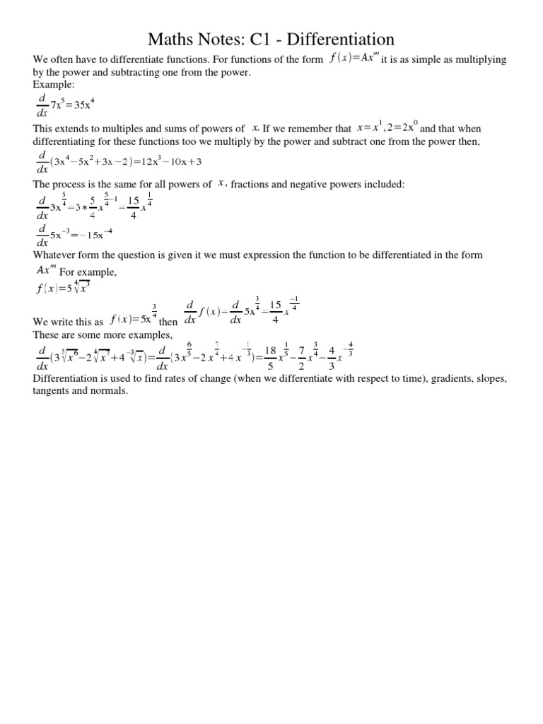 Maths Notes: C1 - Differentiation | Download Free PDF | Factorization ...