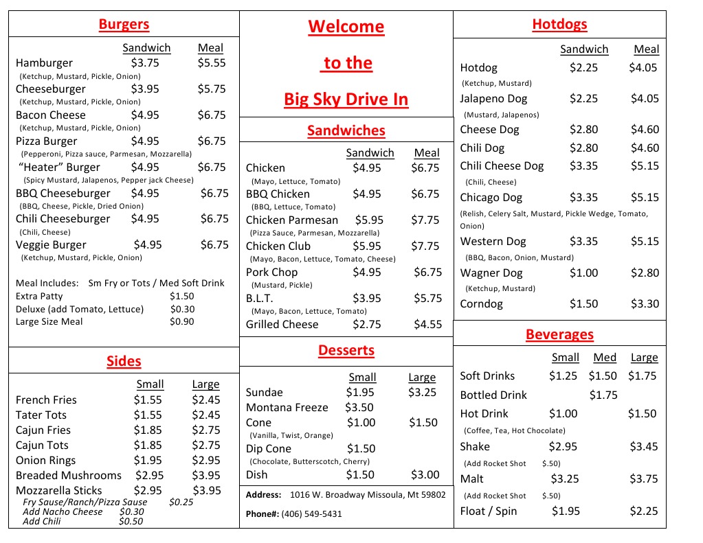 Big Sky Drive-In Menu and Prices | PDF | Cooking, Food & Wine