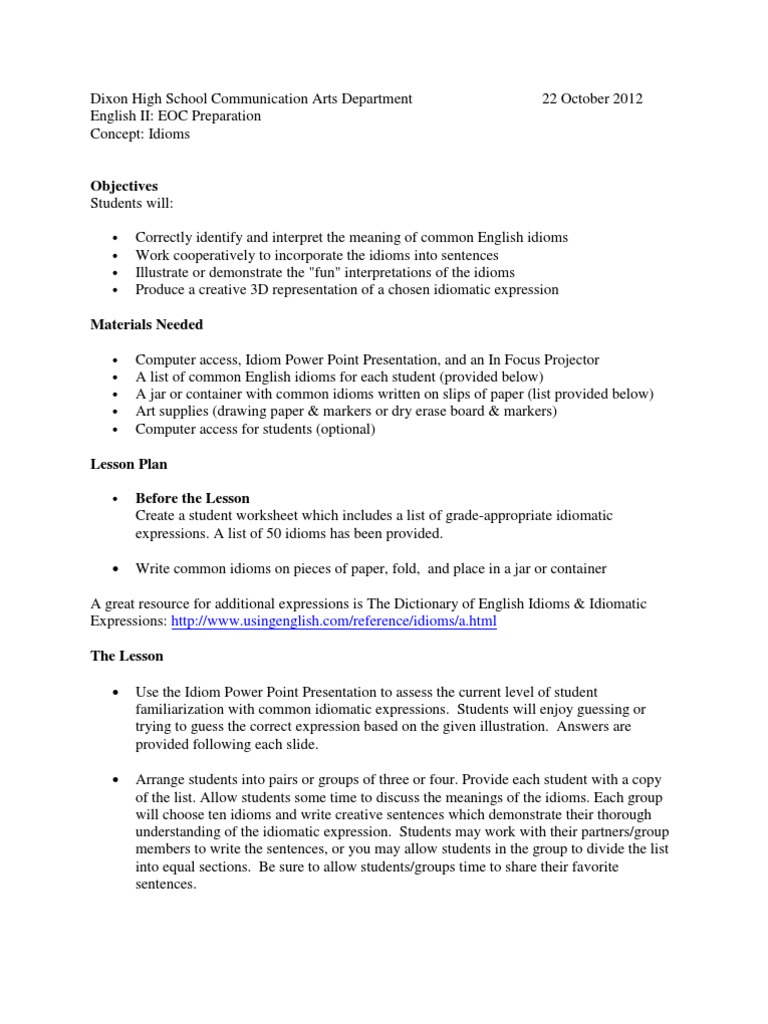 Idiom Lesson Plan | Idiom