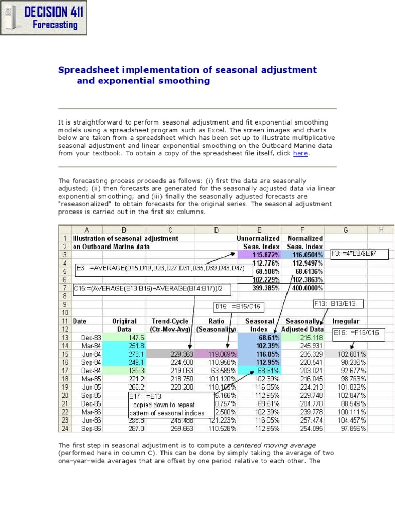 Spreadsheet Implementation of Seasonal Adjustment and Exponential