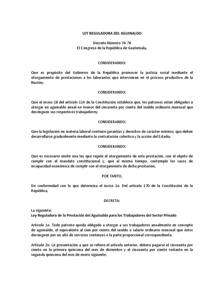 Ley del Aguinaldo en Guatemala 1978 | PDF | Derecho laboral | Salario