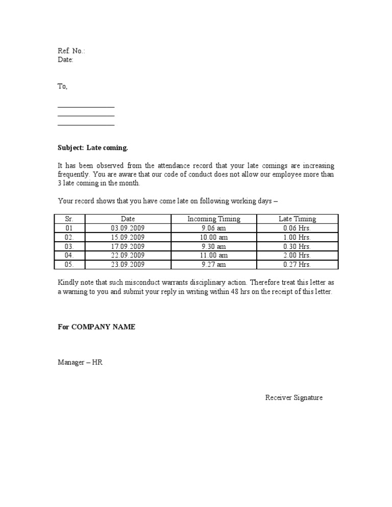 letter reprimand lateness Coming Formal Memo for Late