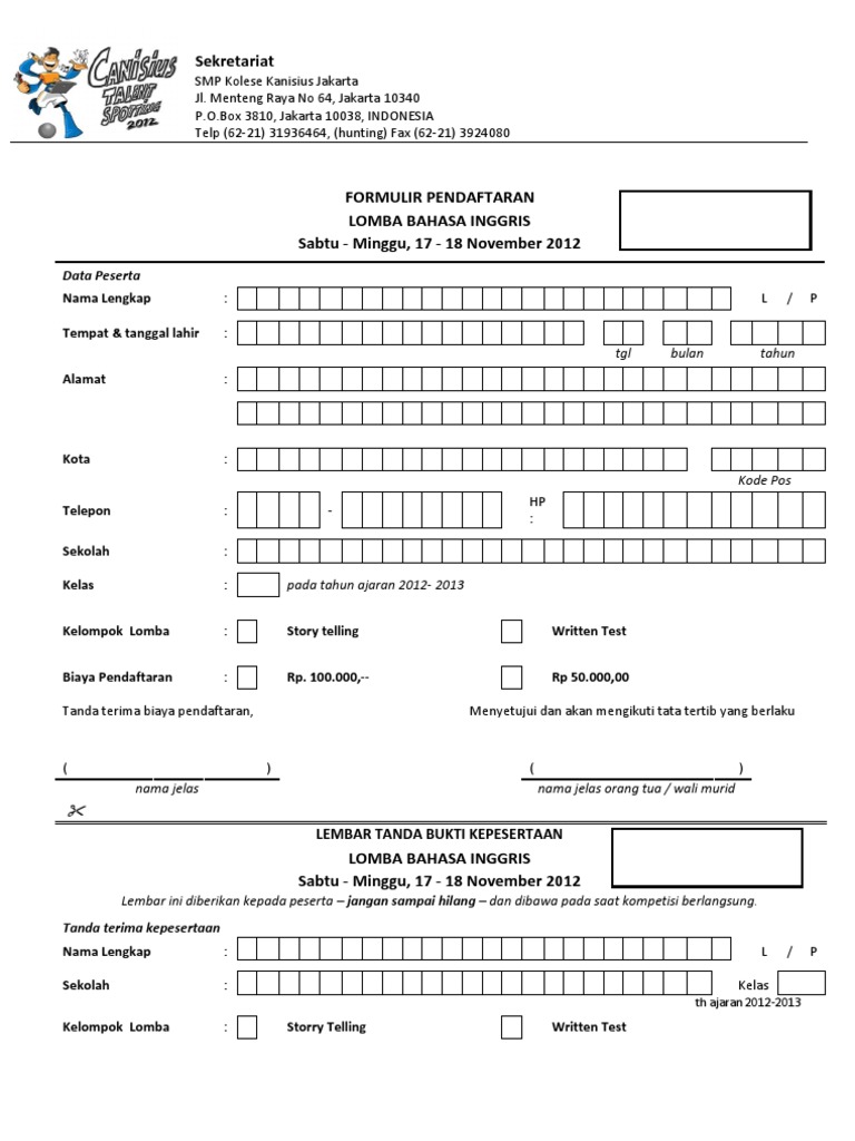 Formulir Pendaftaran Lomba Bahasa  Inggris 