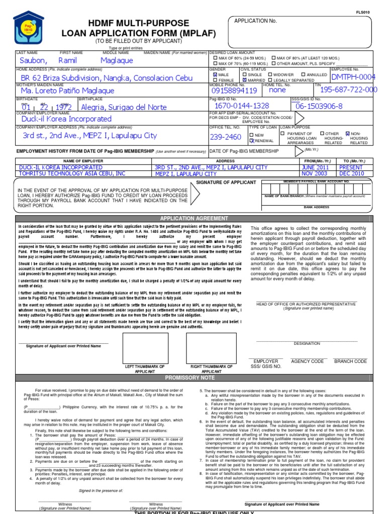 FLS010 HDMF MPL Application Form Aug 09 - 092809 | PDF | Loans | Payroll