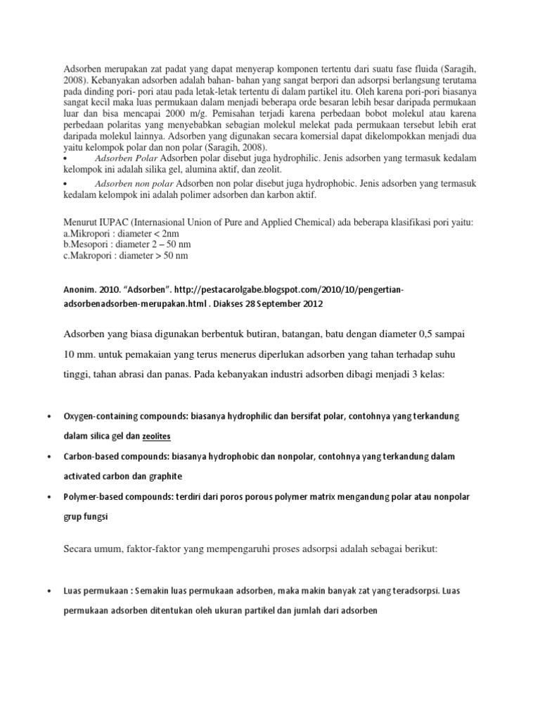 Adsorben Merupakan Zat Padat Yang Dapat Menyerap Komponen Tertentu Dari Suatu Fase Fluida