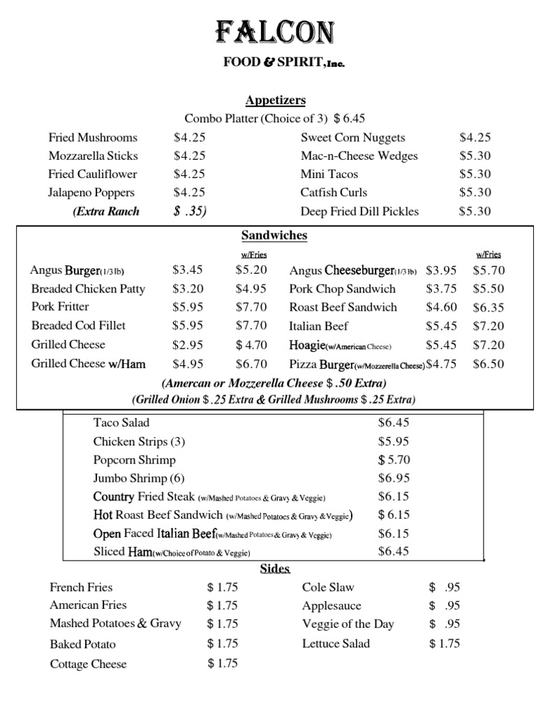 Falcon Food Spirit Menu and Prices | PDF | Hamburgers | Coleslaw