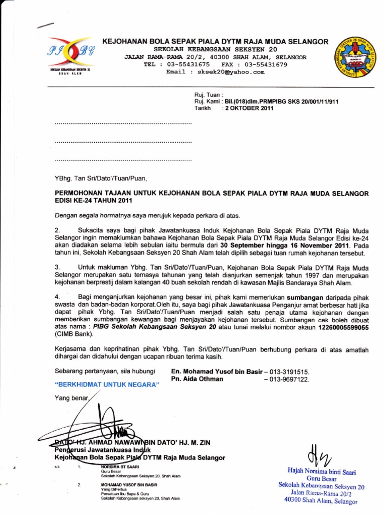 Contoh Surat Rasmi Permohonan Bantuan Dana