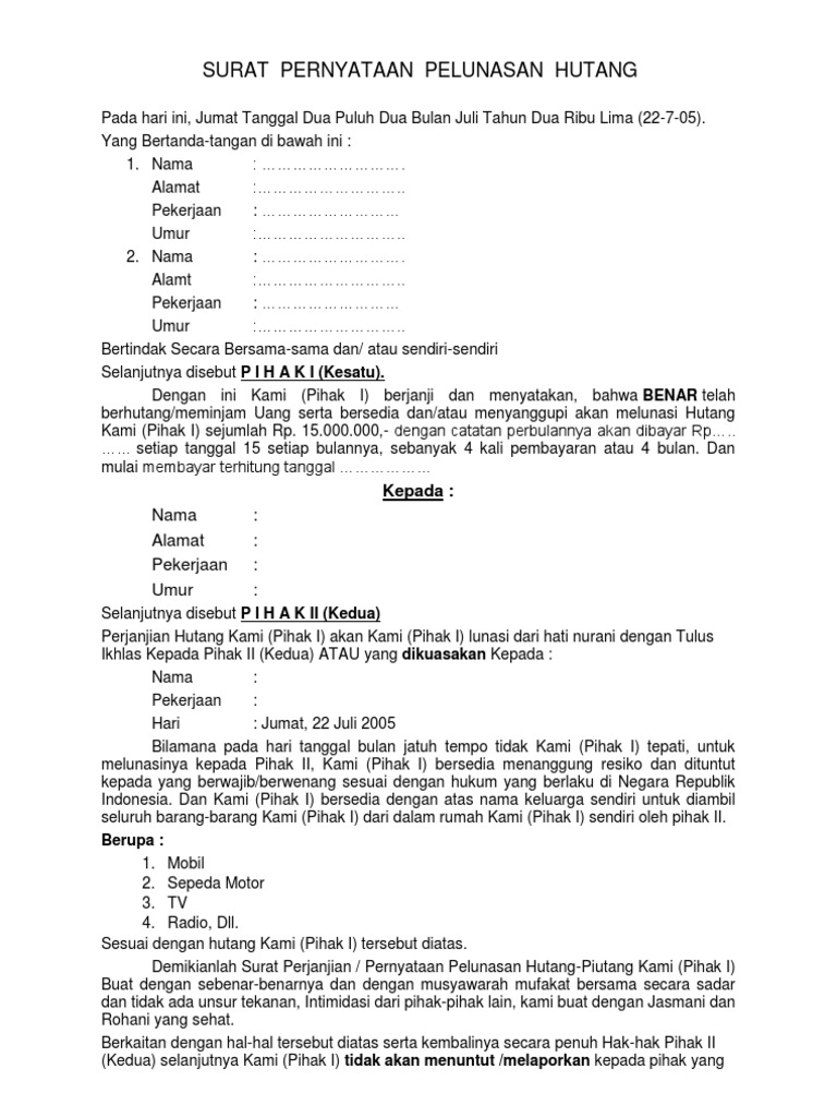 Surat Pernyataan Pelunasan Hutang Pdf