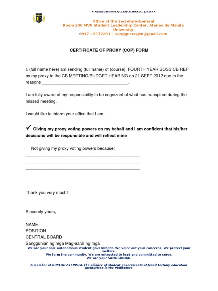 Certificate of Proxy Voting Form | PDF | Government