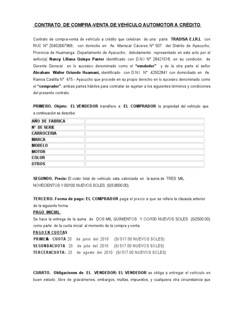 Contrato de compraventa de Vehículo Automotor