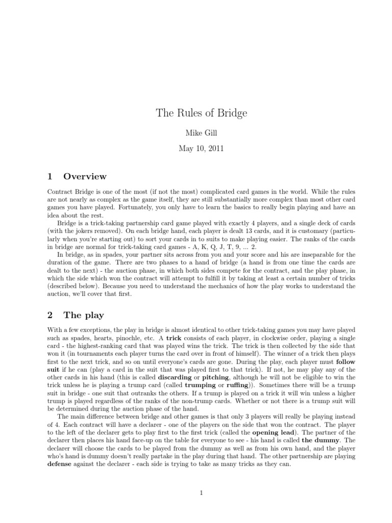 Bridge Game Rules PDF Contract Bridge Trick Taking Card Games