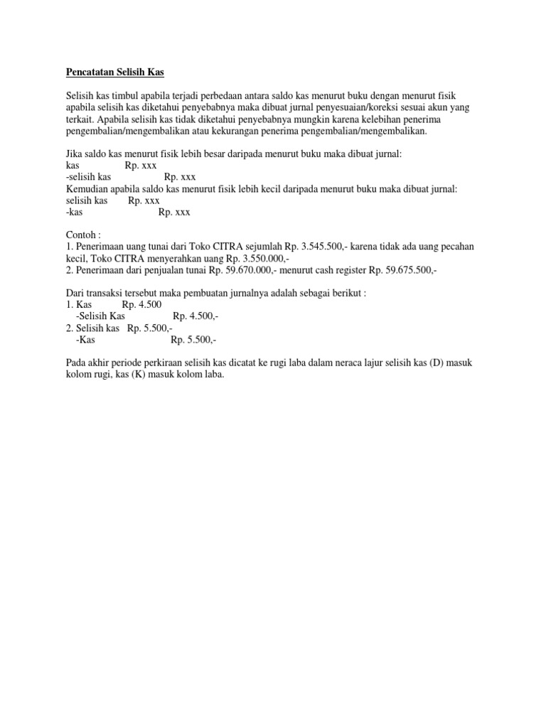 Pencatatan Selisih Kas
