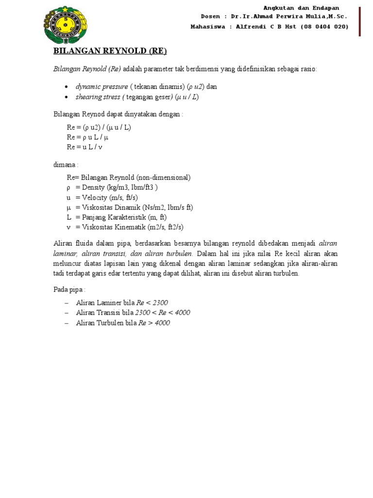 Tugas Vii Bilangan Reynold Froud Amp Mach