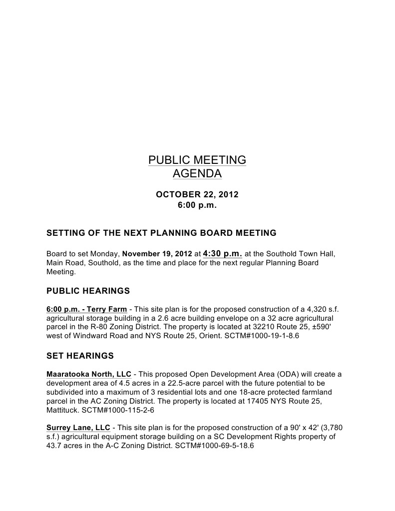 Southold Planning Board Regular Meeting Agenda Oct. 22, 2012 PDF