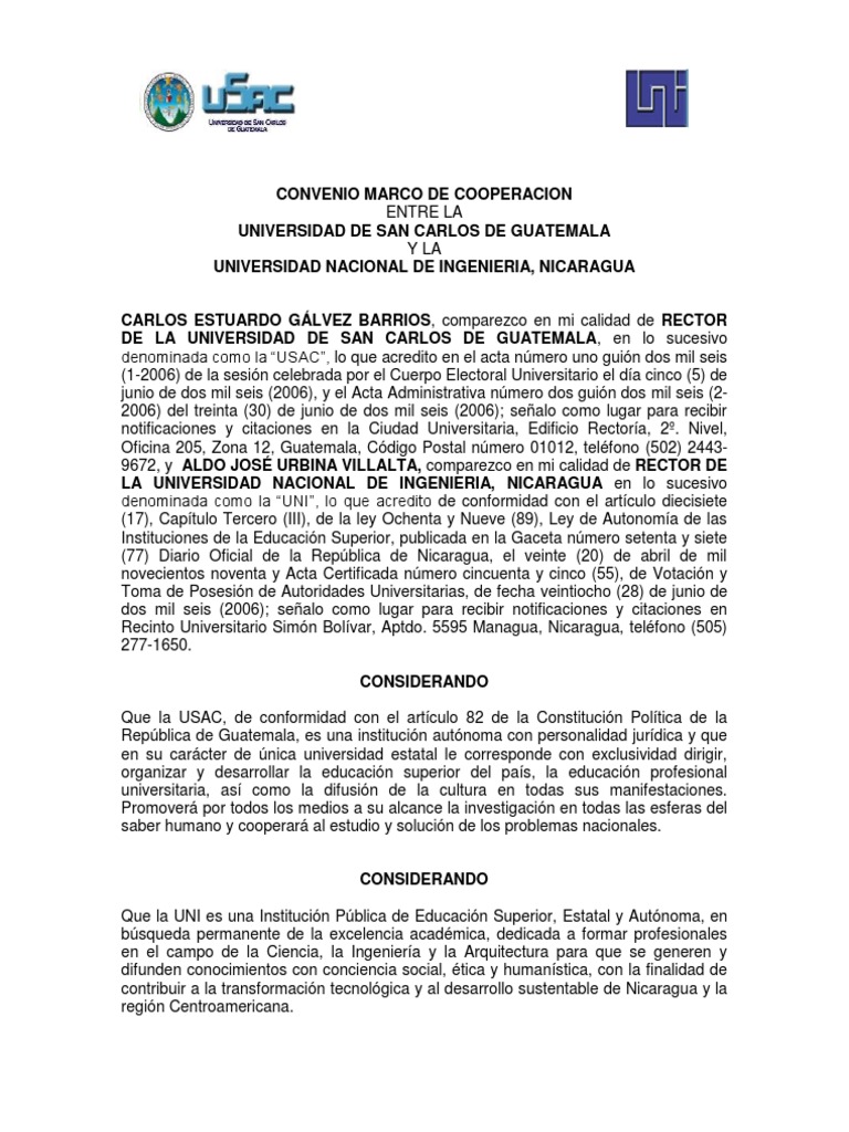 Convenio Marco de Cooperaciòn Entre La Universidad de San Carlos de ...