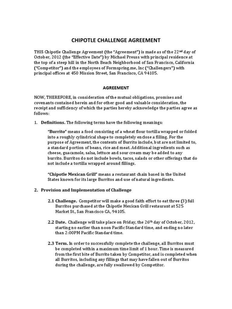 Chipotle Challenge Agreement PDF Burrito Foods
