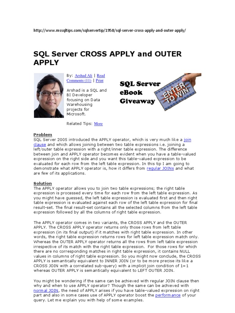 SQL Server CROSS APPLY vs OUTER APPLY | PDF | Information Technology ...