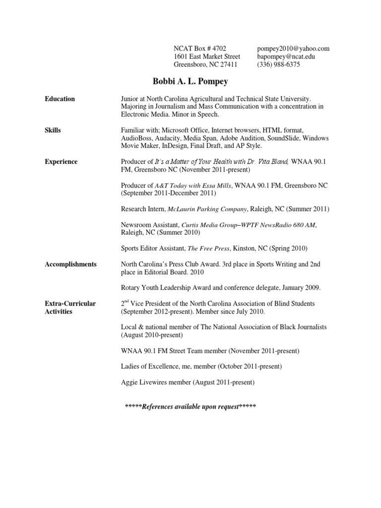 Bobbi Pompey's Journalism Resume | PDF