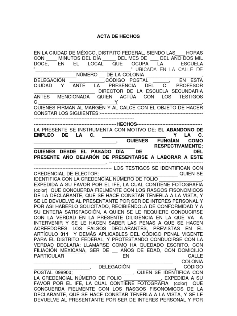 Acta Administrativa De Hechos Formato Soalan bg