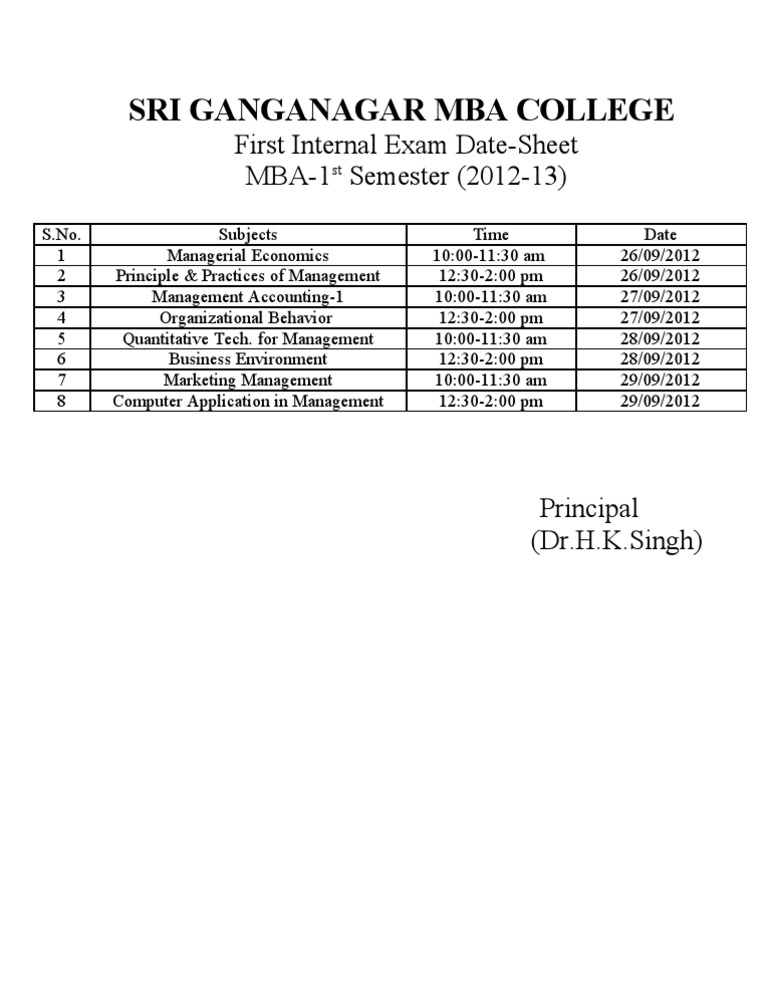 MBA 1st Semester Exam Schedule 2012 | PDF