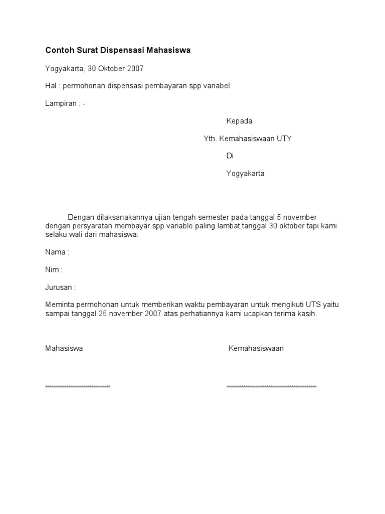 Contoh Surat Dispensasi Mahasiswa