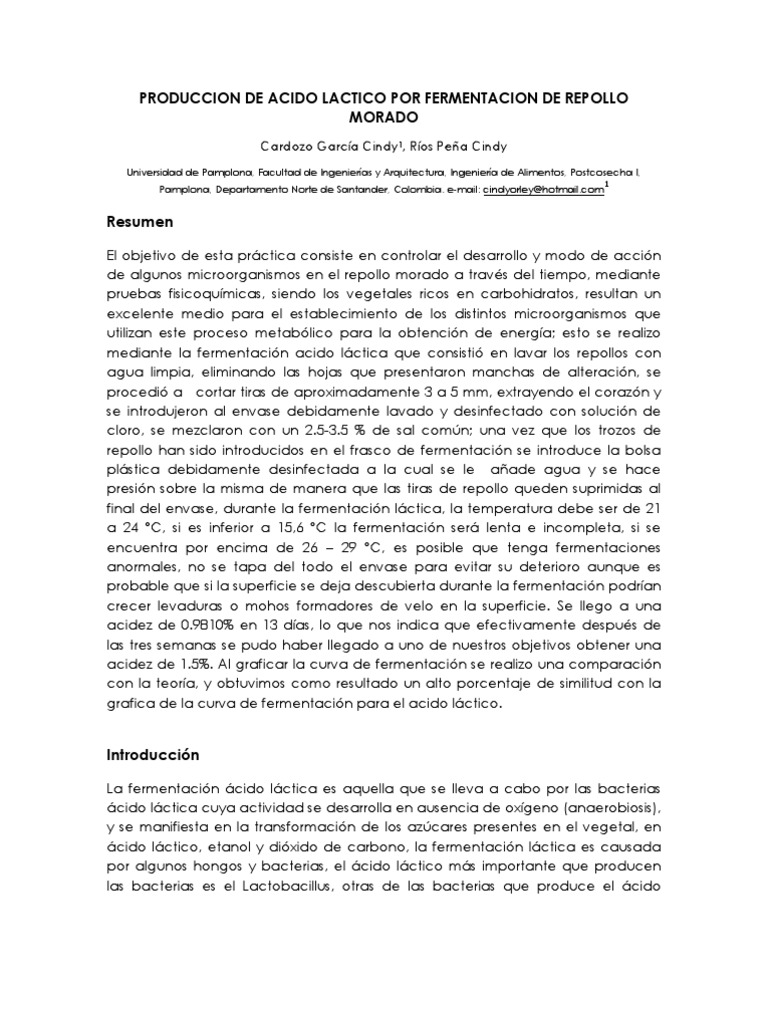 Produccion de Acido Lactico Por Fermentacion de Repollo Morado | PDF ...