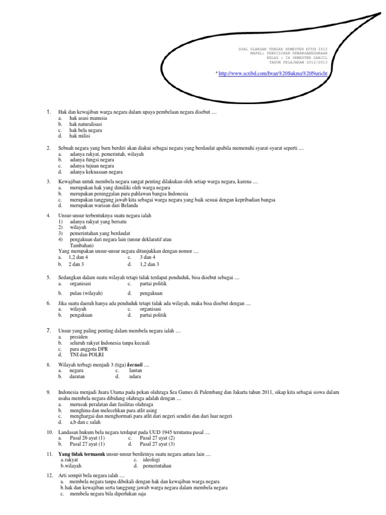 Soal Uts Kelas 9 Pkn Revisi 2018