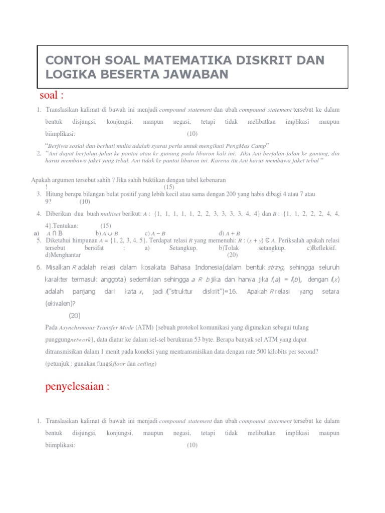 Contoh Soal Matematika Diskrit Dan Logika Beserta Jawaban