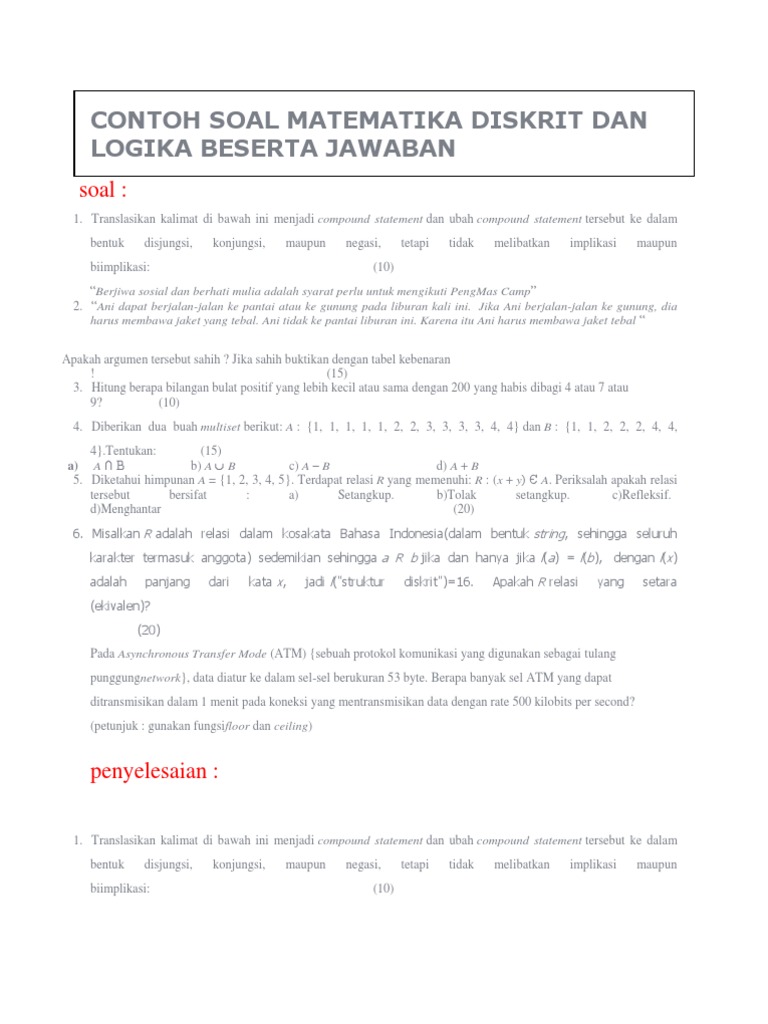 Contoh Soal Matematika Diskrit Dan Logika Beserta Jawaban