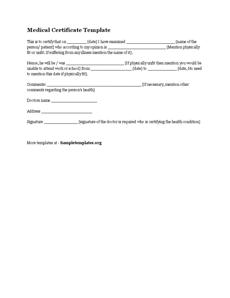 Medical unfit certificate sample